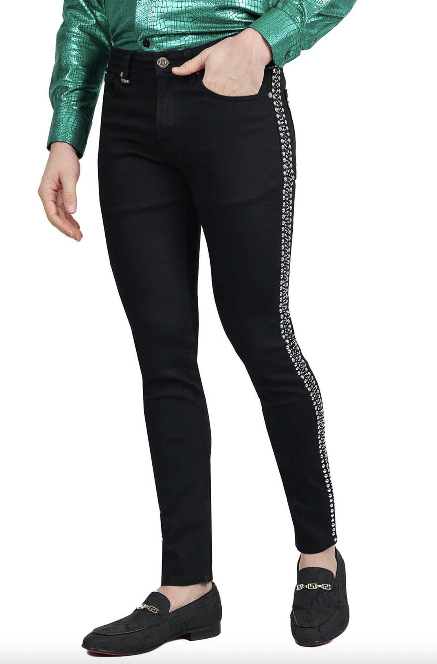 NEW BARABAS bad boy studded slim fit jeans in black and silver